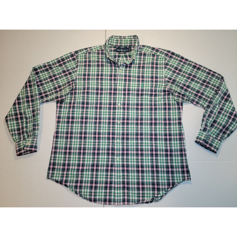 Polo Ralph Lauren Green Pink Plaid Twill Shirt Mens L Classic Fit Casual Look‎